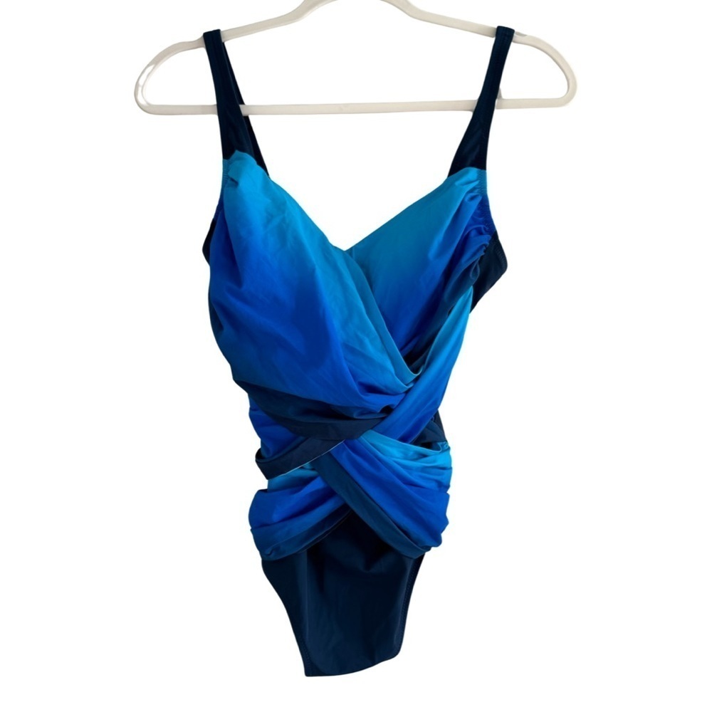 Gottex Blue Gradient Wrap Style One Piece Bathing Suit Size 10